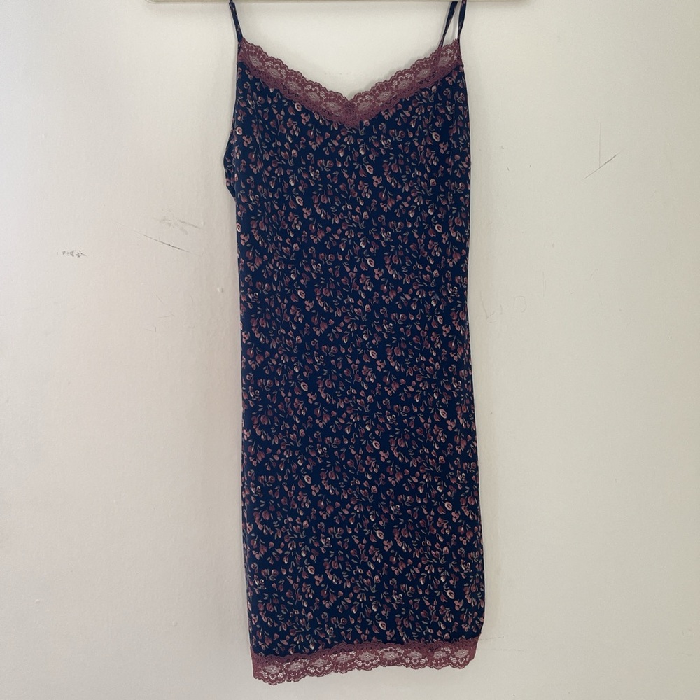 Navy and burgundy floral lace slip dress, flaws pictured above.